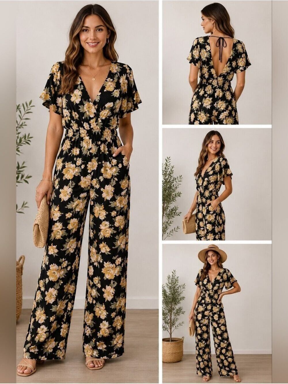 Xhilaration Floral Wide Leg Jumpsuit Open Back Tassel Tie Size Medium NWT - Picture 1 of 6